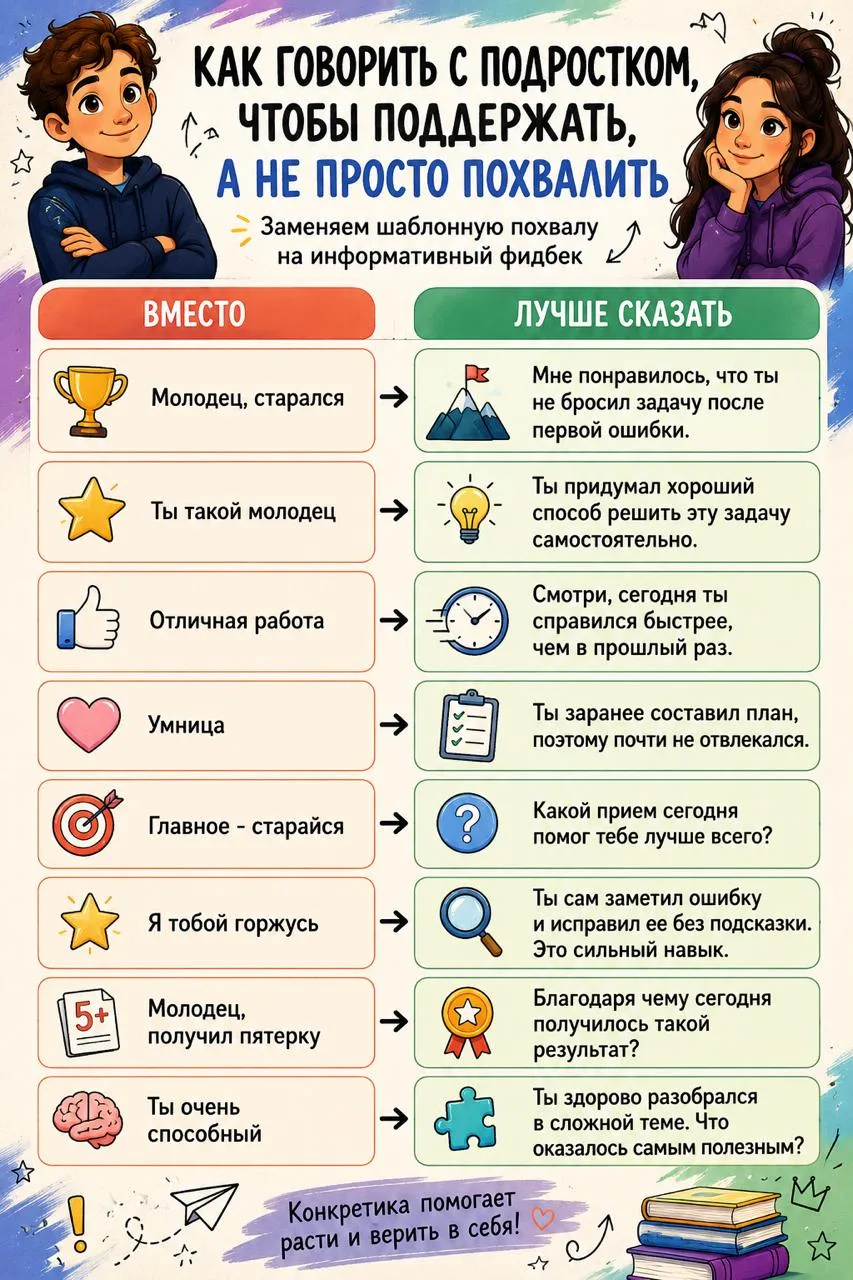 Как хвалить подростка

Исследования показывают: после 10-12 лет подростки начинают воспринимать обыч