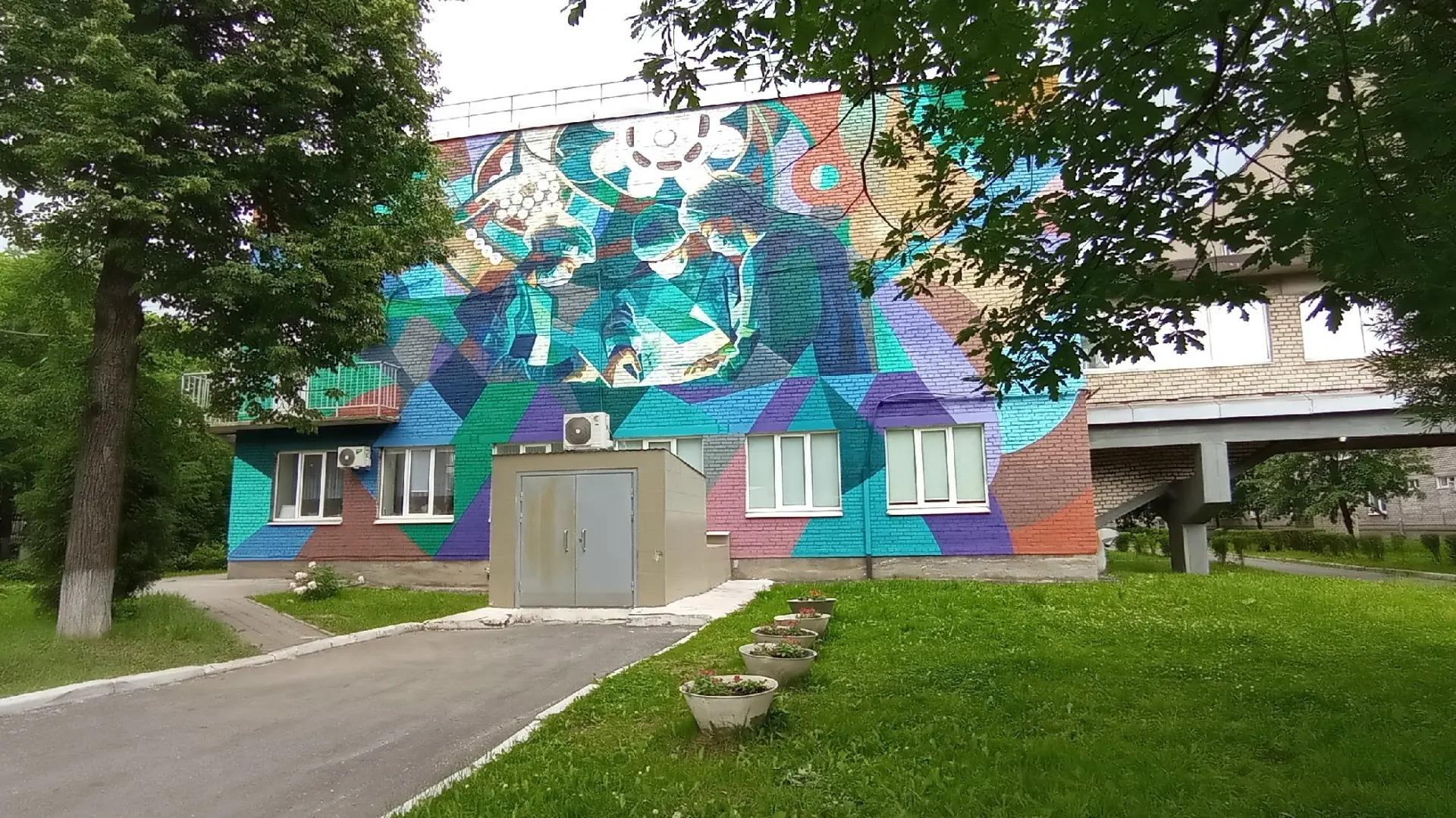 На выходных на стене здания областной клинической больницы №2 на ул. Данилова появился мурал, на кот