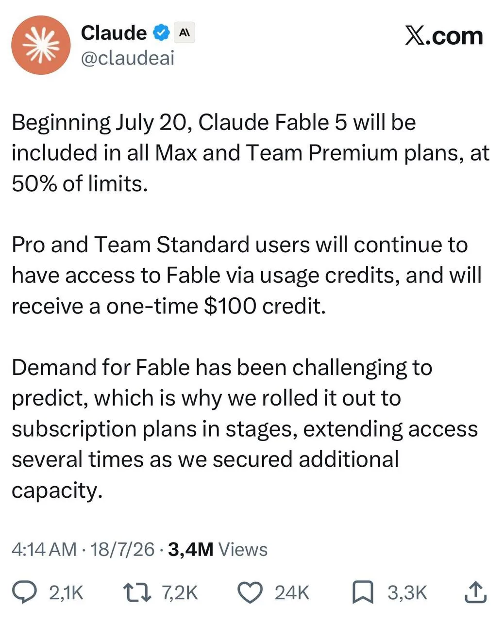 😢 Fable 5 оставляют в подписке Claude. Пока только на самых дорогих тарифах — Max и Team Premium. Л