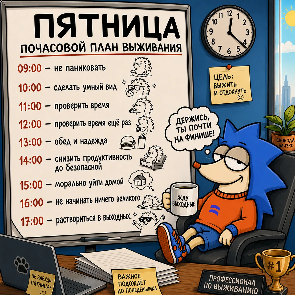 Пятница — это когда твой мозг мысленно на выходных, а тело ещё почему-то сидит в офисе....