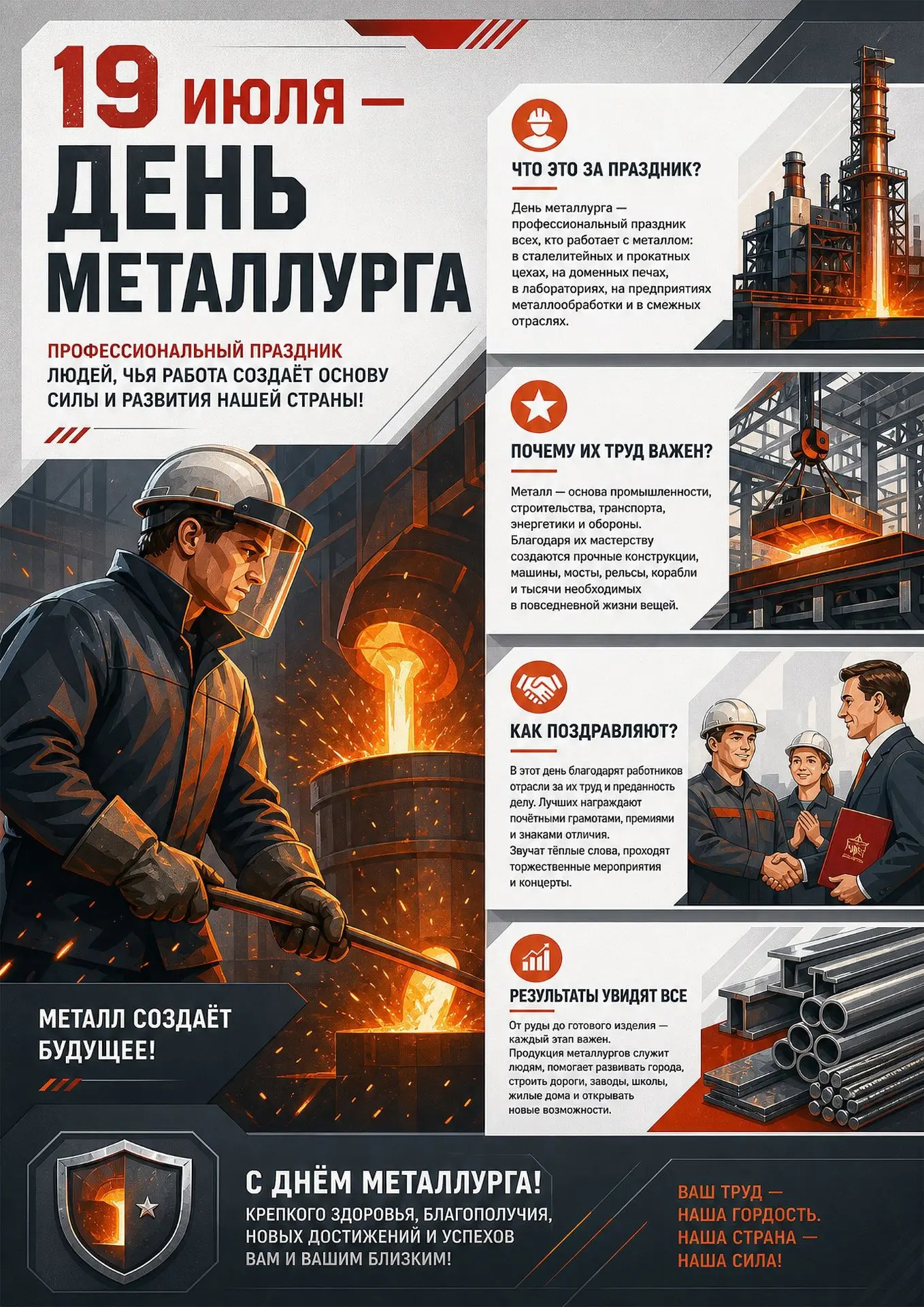 День металлурга отмечается в третье воскресенье июля. В 2026 году праздник приходится на 19 июля. Эт