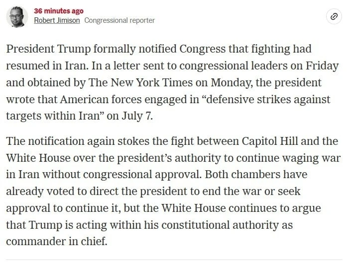 ❗️⚡️Трамп официально уведомил Конгресс о возобновлении боевых действий против Ирана, со...