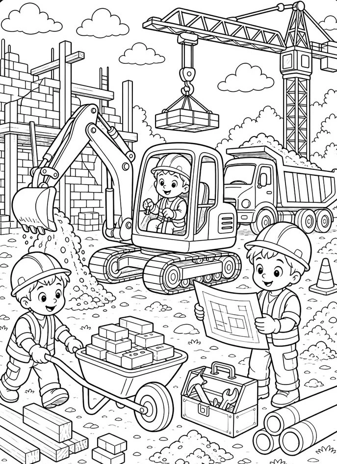 Раскраски с юными строителями🏗️🛠️