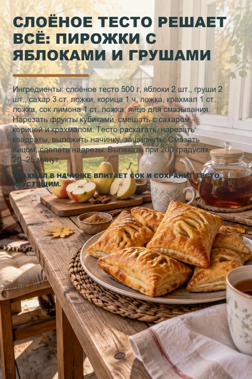 СЛОЁНОЕ ТЕСТО РЕШАЕТ ВСЁ: ПИРОЖКИ С ЯБЛОКАМИ И ГРУШАМИ ЗА 30 МИНУТ