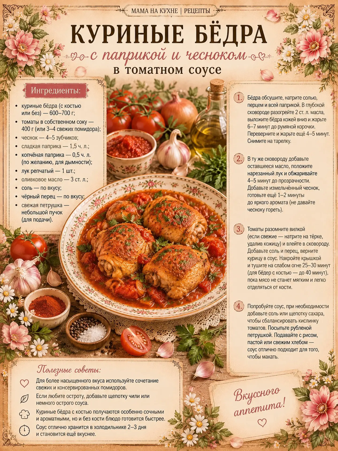 🌸 Куриные бёдра с паприкой и чесноком в томатном соусе 🌸