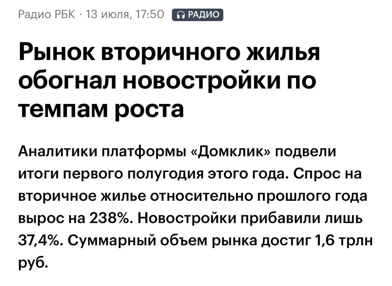 С начал года вторичная недвижимость летит и в запросах, и в продажах, и в приросте стоимости. Вот св