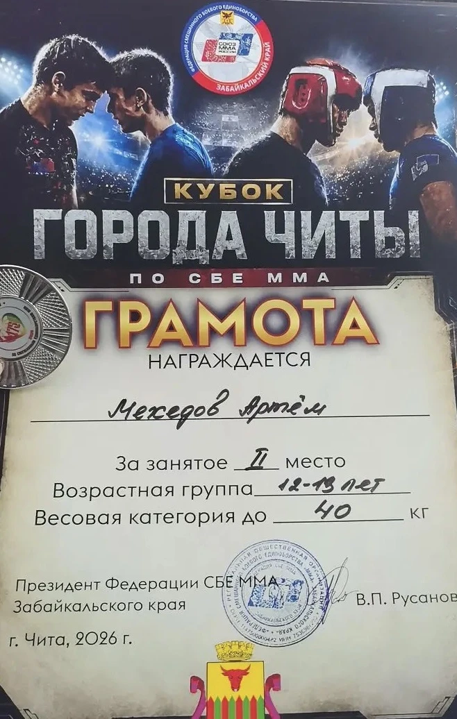 Ученик 6 «г» класса Мехедов Артём занял II место на турнире «Кубок города Читы по СБЕ М...