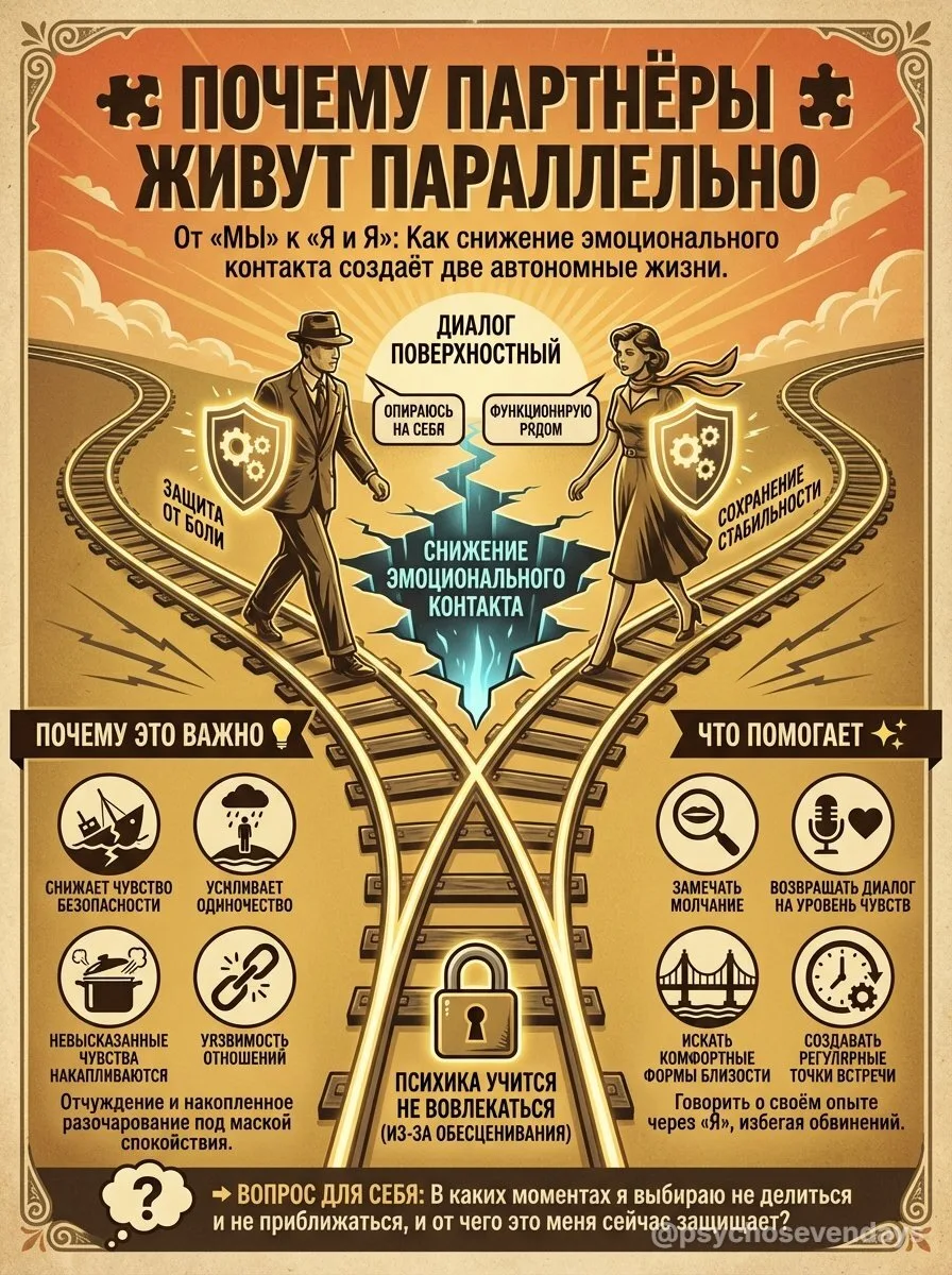 Почему партнёры живут параллельно 🧩

Параллельная жизнь в отношениях часто формируется не из-за отс