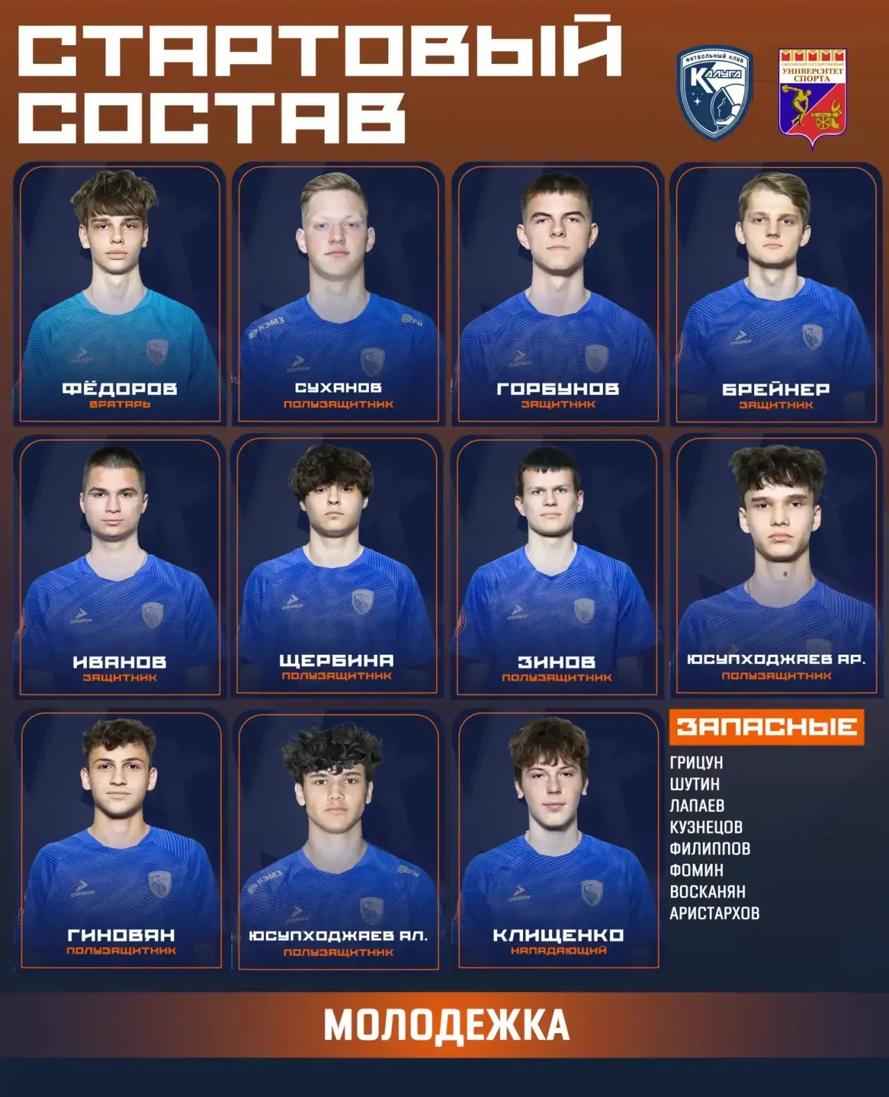 Стартовый состав молодежки на сегодняшний матч.
