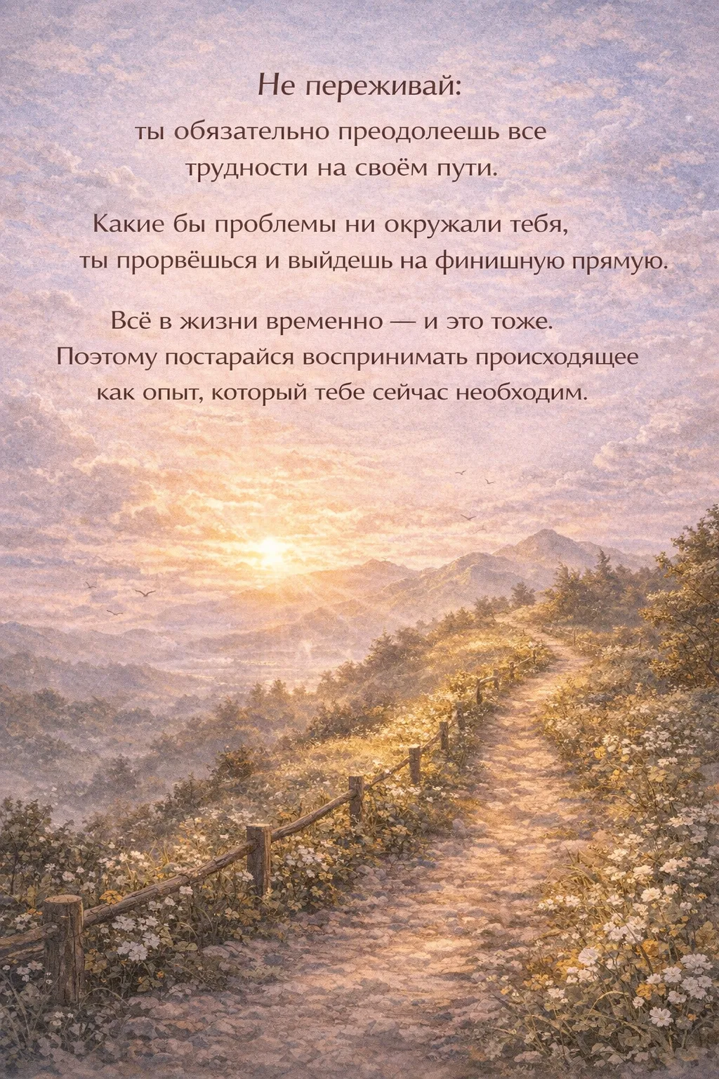 Не переживай: ты обязательно преодолеешь все трудности на своём пути.