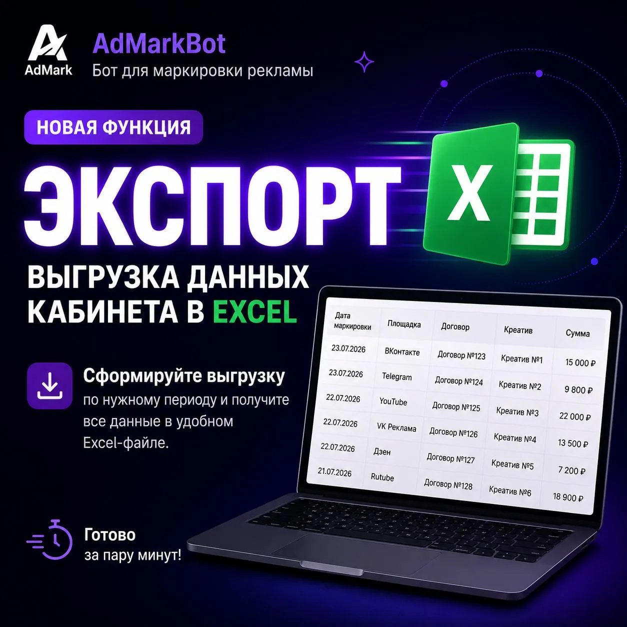 ⚡ Экспорт данных стал ещё проще.

В @AdMarkBot появилась новая команда «Экспорт» — она сформирует Ex