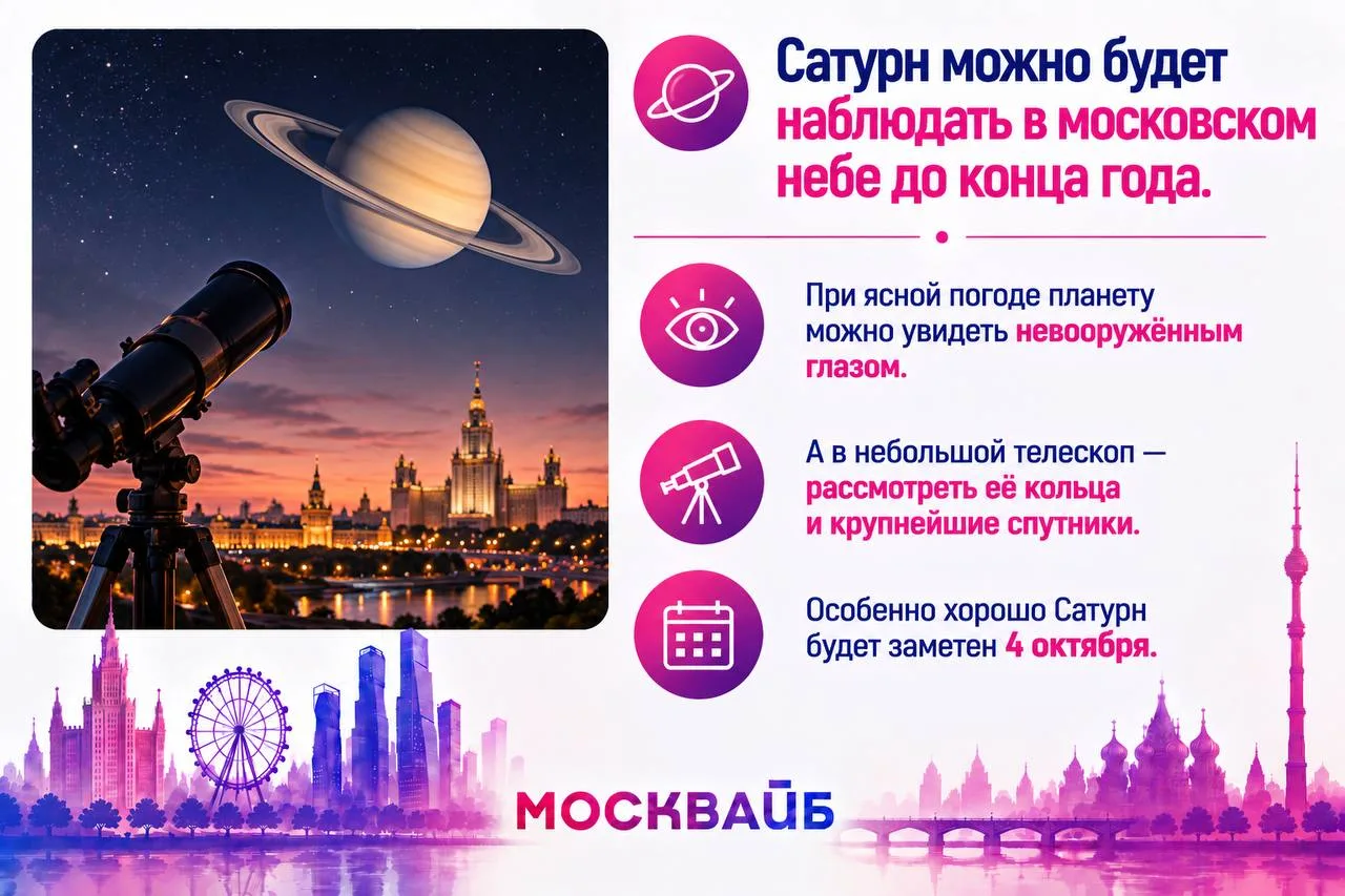 🪐 Сатурн можно будет наблюдать в московском небе до конца года.