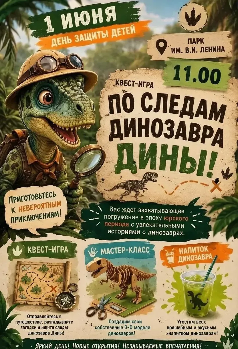 🚀 Готовы к путешествию в прошлое? 🚀

Приглашаем вас на квест-игру «По следам динозавра Дины!» в че