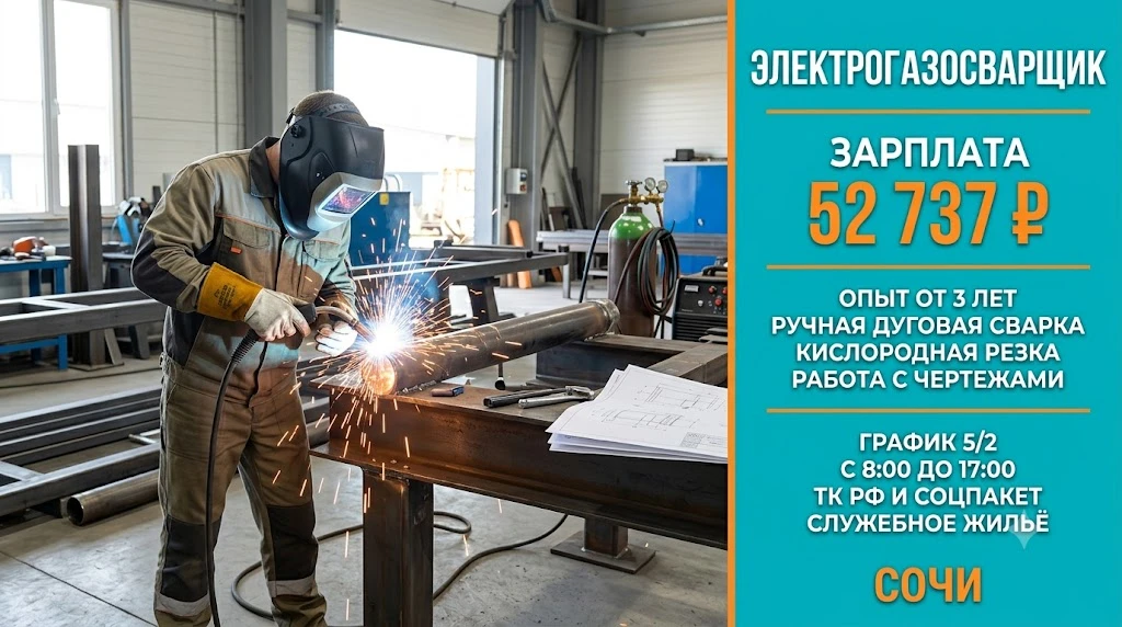 ⚡ Электрогазосварщик — Сочи

Зарплата: 52 737 ₽
График: 5/2
Режим работы: с 8:00 до 17:00
Трудоустро