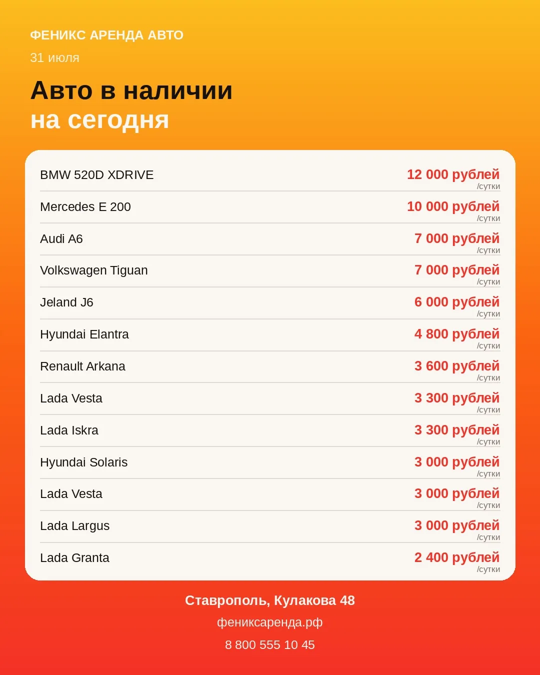 Сегодня в наличии - от Lada Granta до BMW 520d 🚗

Все машины из списка можно забрать уже сегодня. П