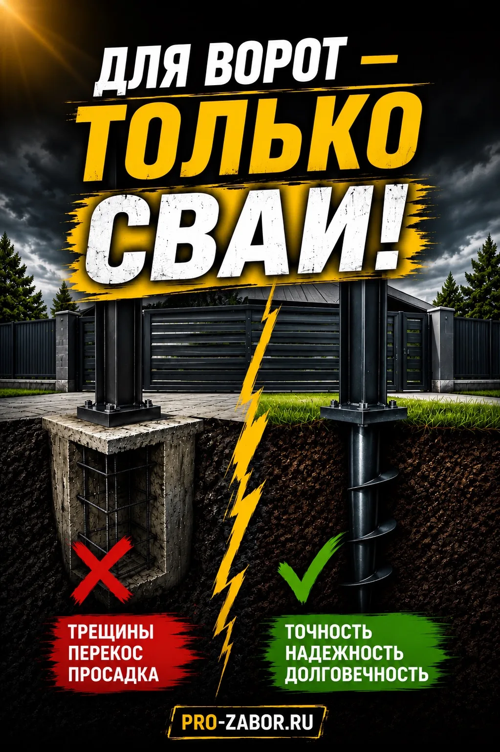 💥 Почему ворота устанавливаем на сваи❓

Смещение столба даже на 2–3 см —
и ворота уже могут работат