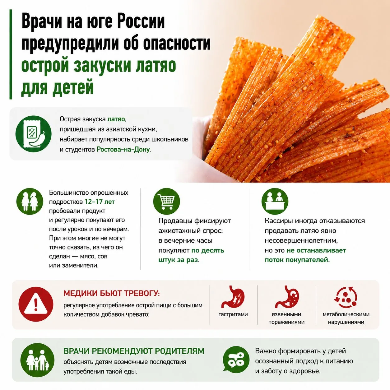 Врачи на юге России предупредили об опасности острой закуски латяо для детей

Острая закуска латяо, 