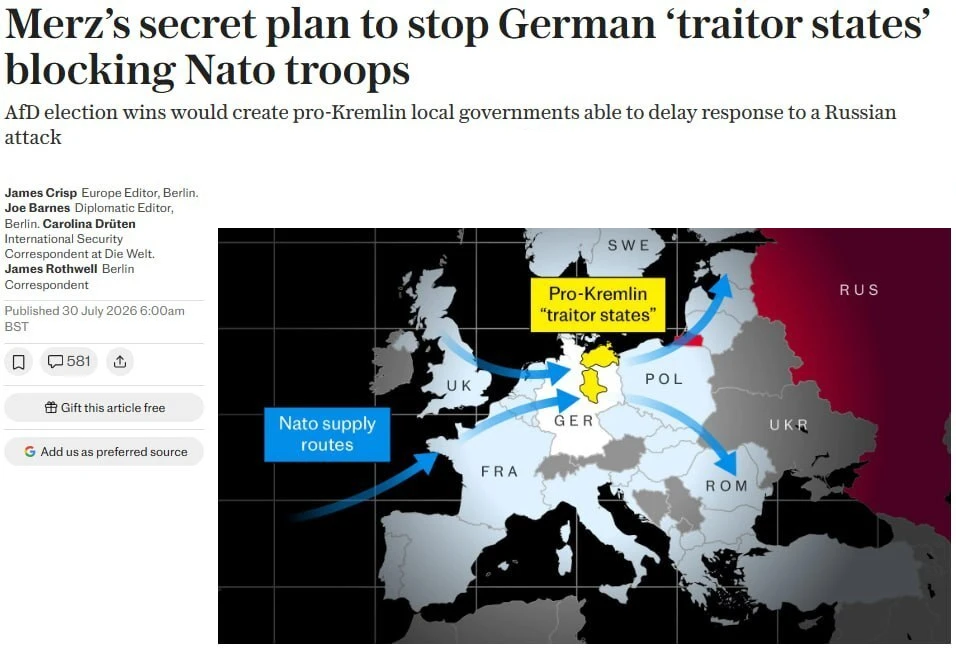 ‼️🇩🇪🇷🇺 Мерц готовит секретный план по ограничению полномочий федеральных земель под предлогом за