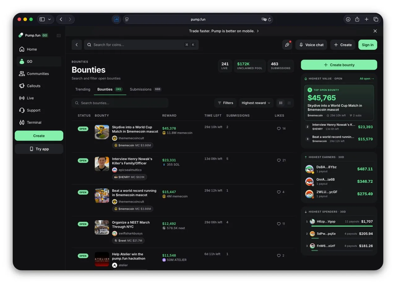Стартап Pump fun запустил платформу (https://pump.fun/go/bounties),
 на которой люди могут выполнять