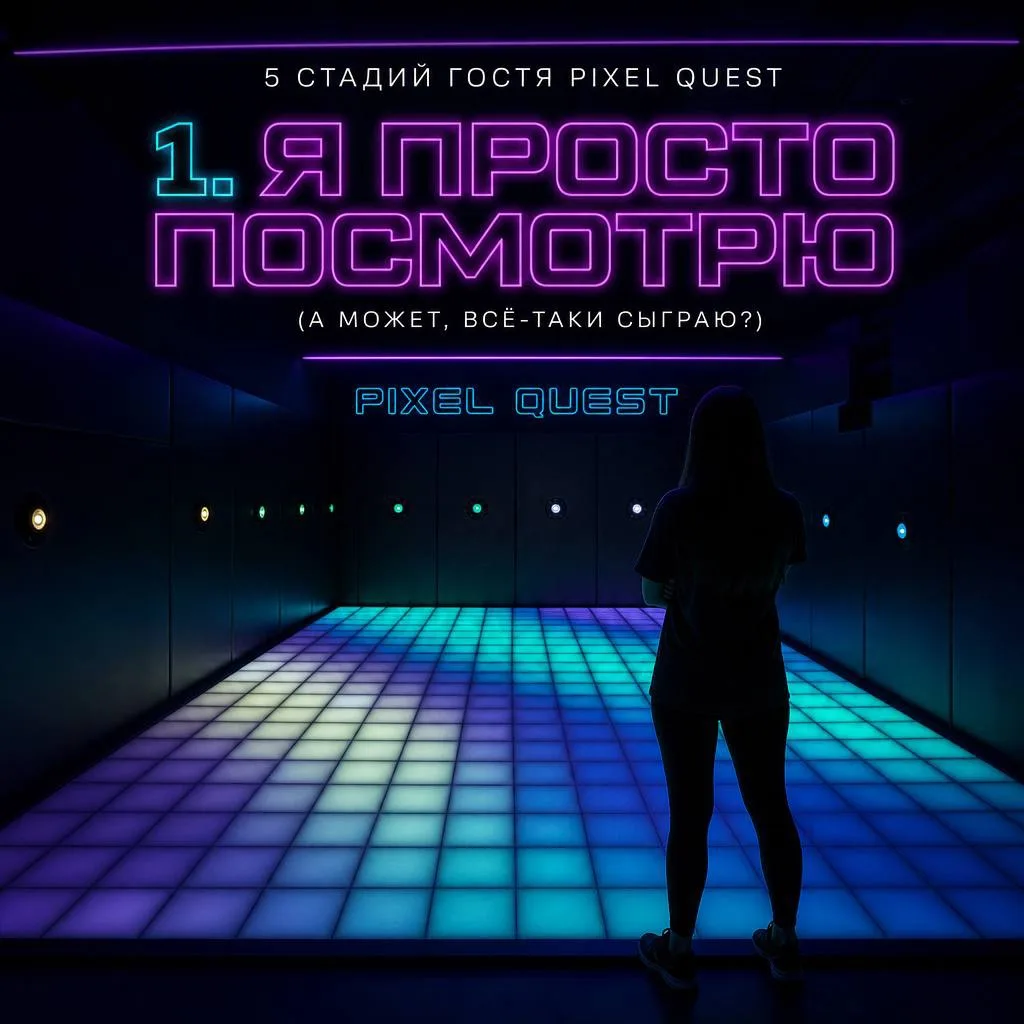 Пять стадий гостя Pixel Quest😄

1. «Я просто посмотрю»👀

Заходит в зал, видит светящийся пиксельны