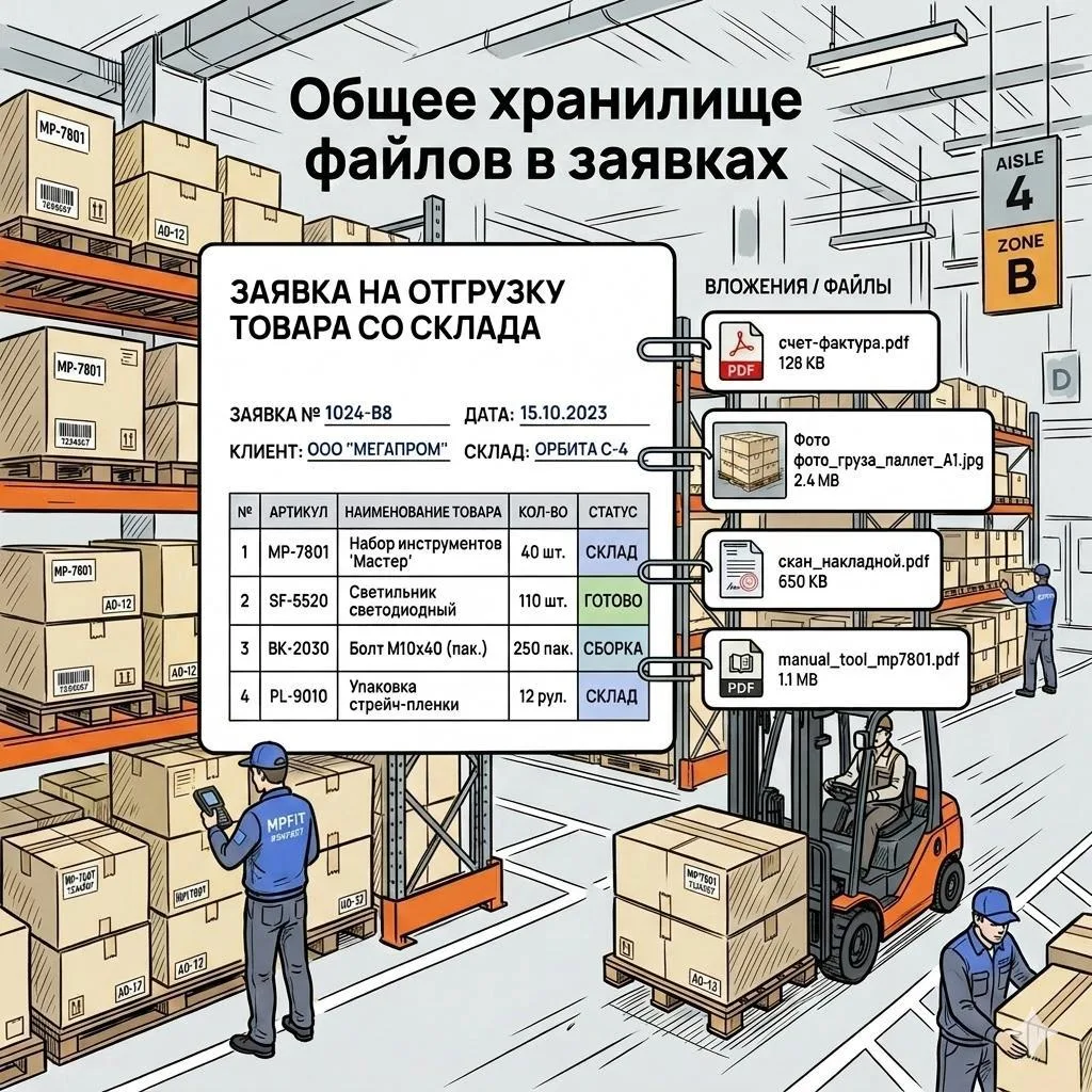 Общее хранилище файлов в заявках

Теперь все участники заявки работают с одними и теми же файлами.

