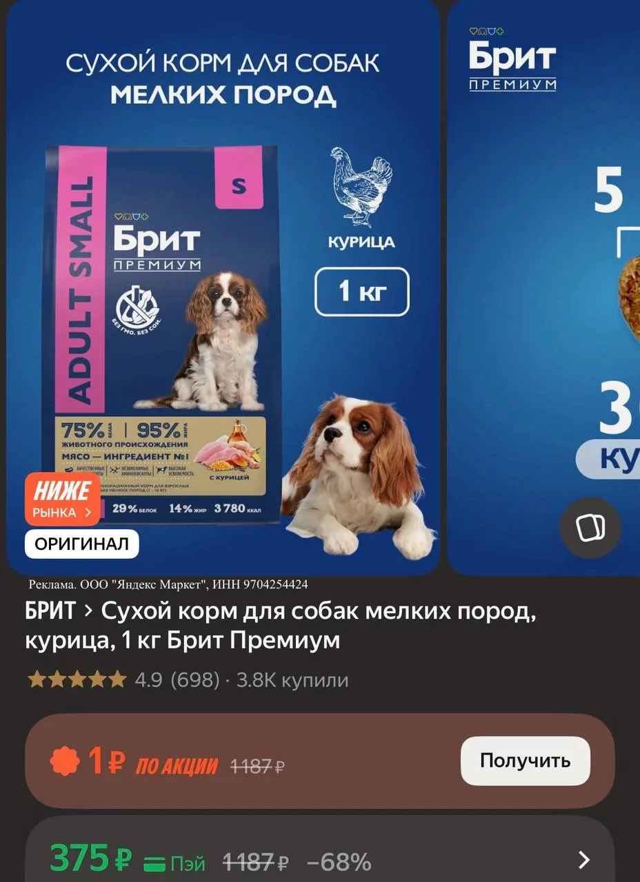 🍲 Сухой корм для собак мелких пород, курица, 1 кг Брит Премиум