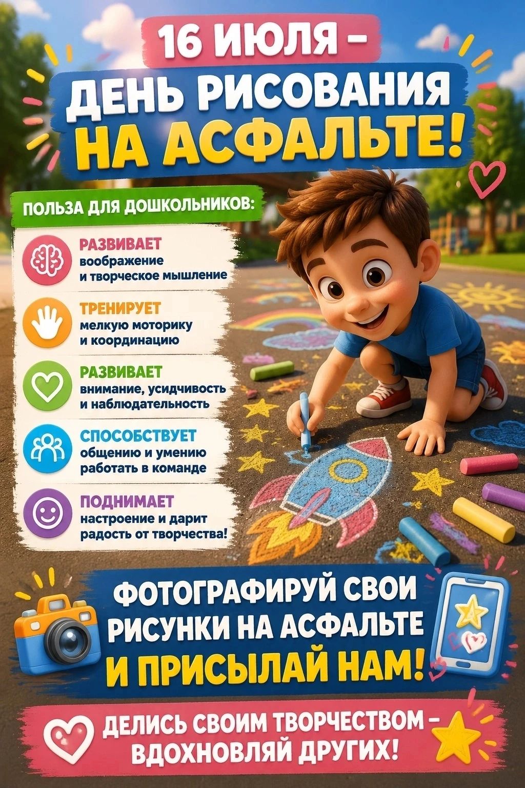 16 июля — День рисования мелками на асфальте! 🎨🌞

Сегодня лето официально разрешает нам взять в ру