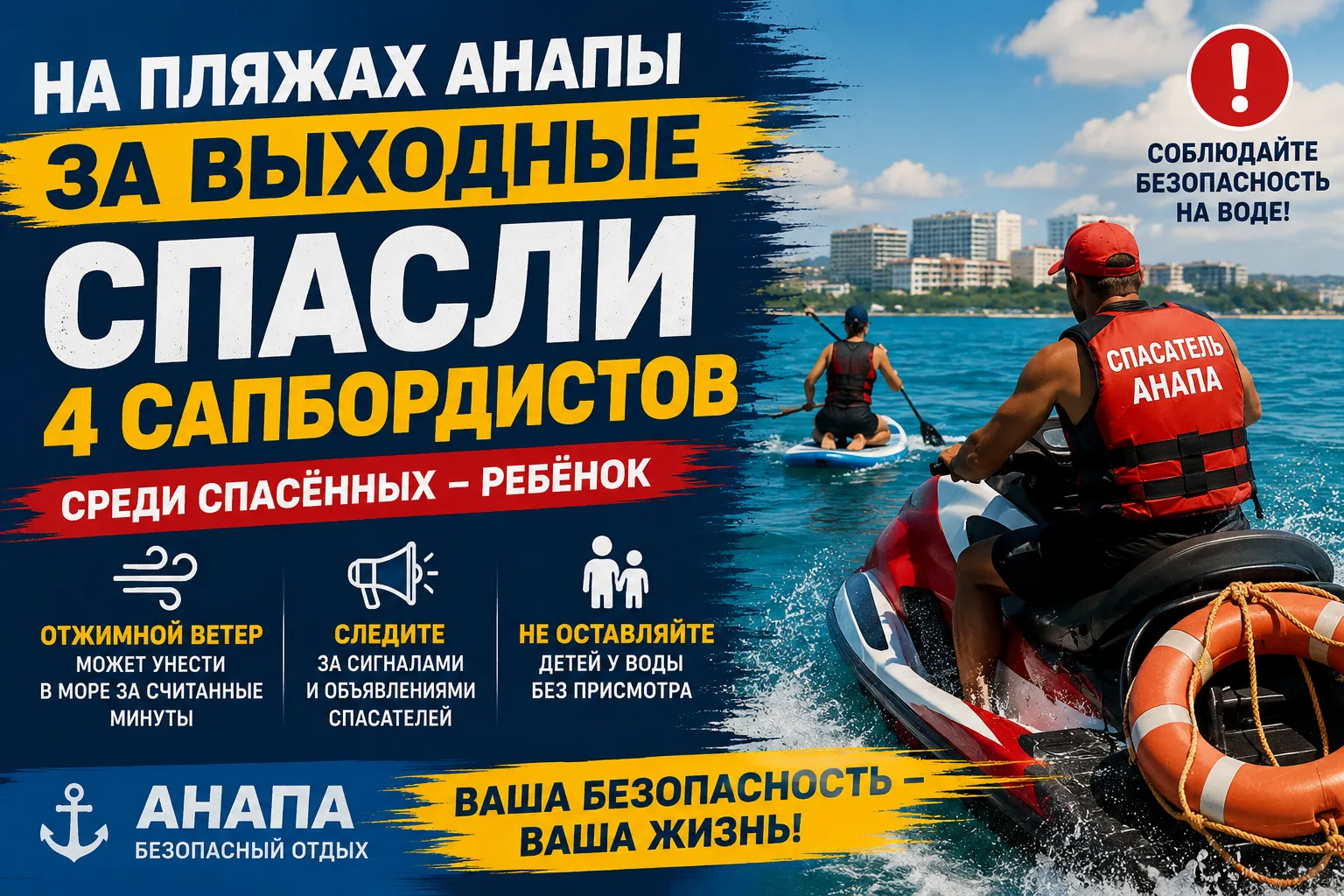На пляжах Анапы за выходные спасли четырёх сапбордистов