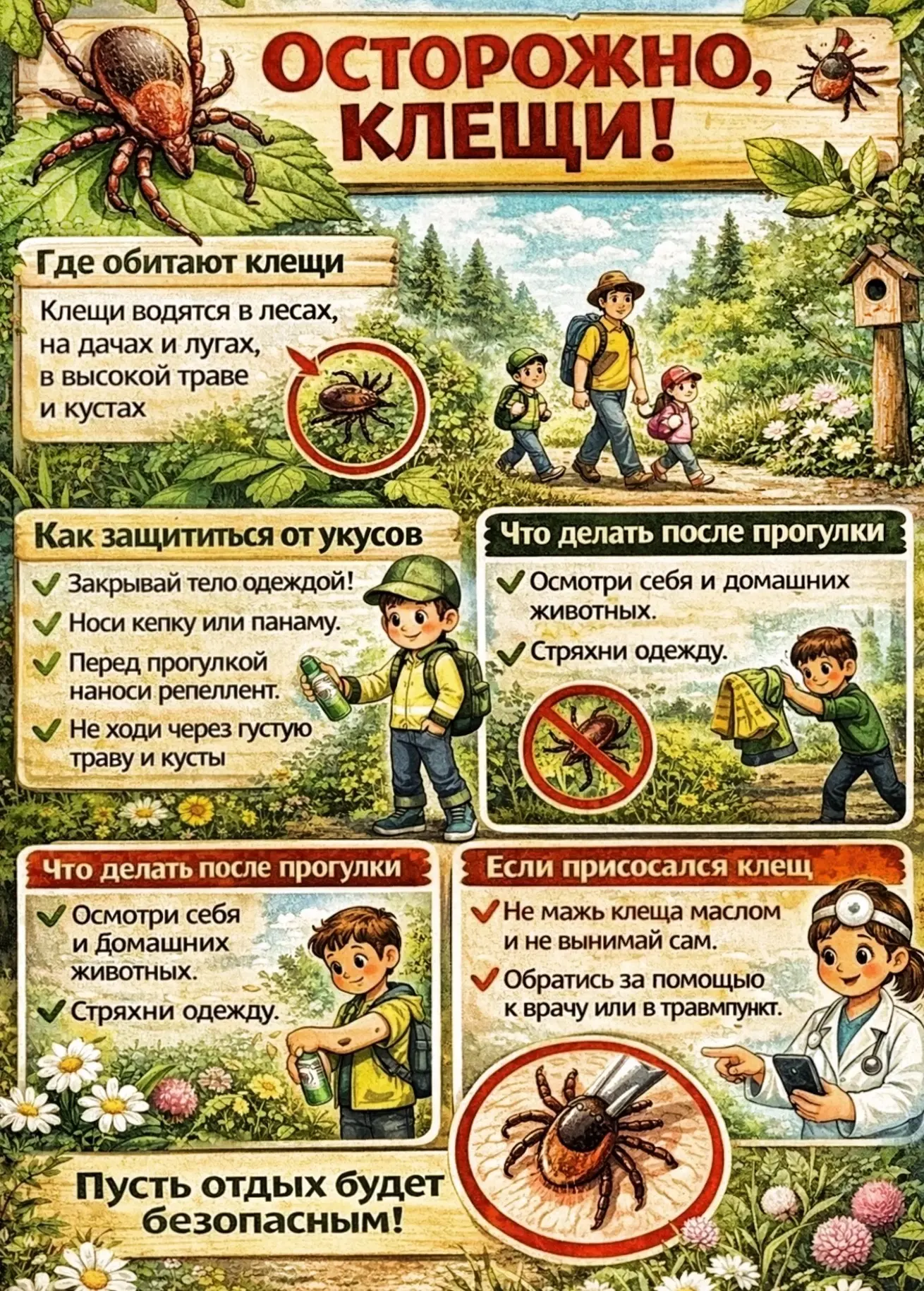 «Берегись клещей!»
Уважаемые родители! 
Клещи обитают не только в лесах и на лугах, но и в парках, с