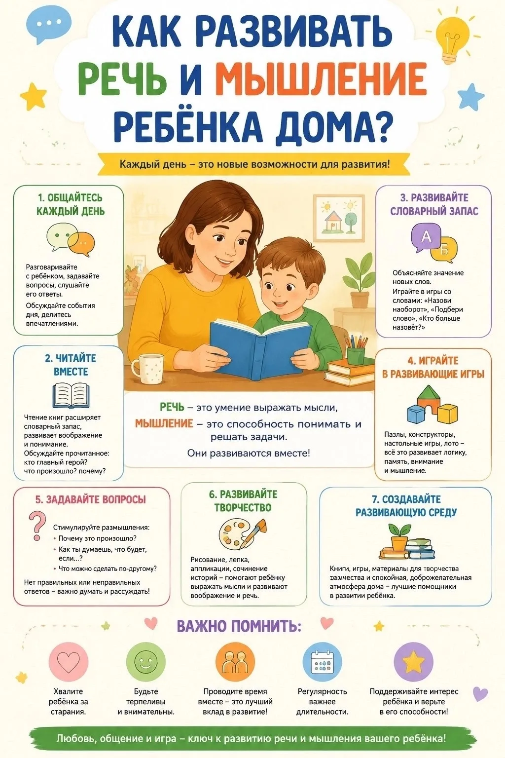 💬 Как развивать речь и мышление ребенка дома?

☝️ Речь и мышление ребенка — это две стороны одной м