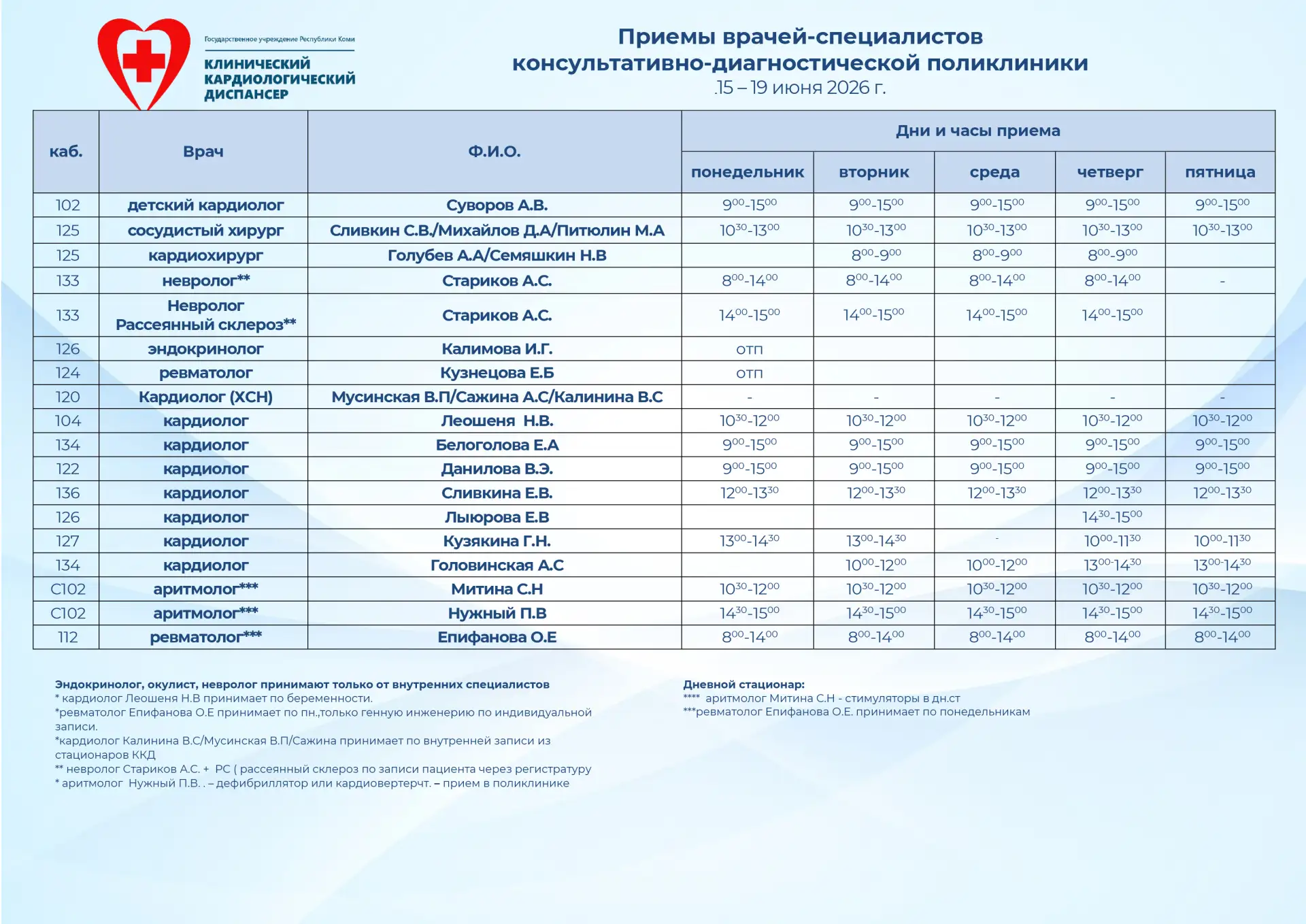 🚩 График работы специалистов консультативно-диагностической поликлиники ККД с 15 по 19 июня 2026 го