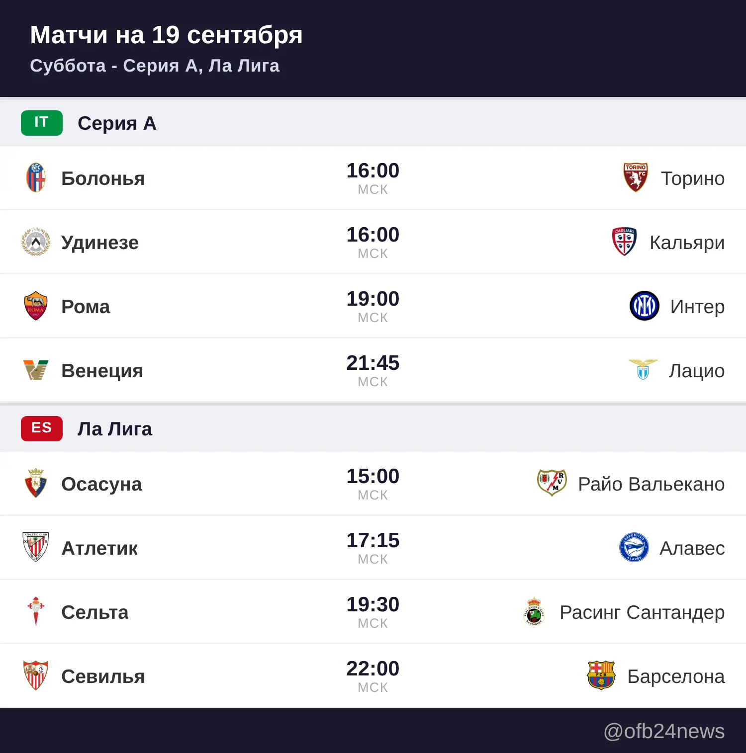 Матчи на 19 сентября