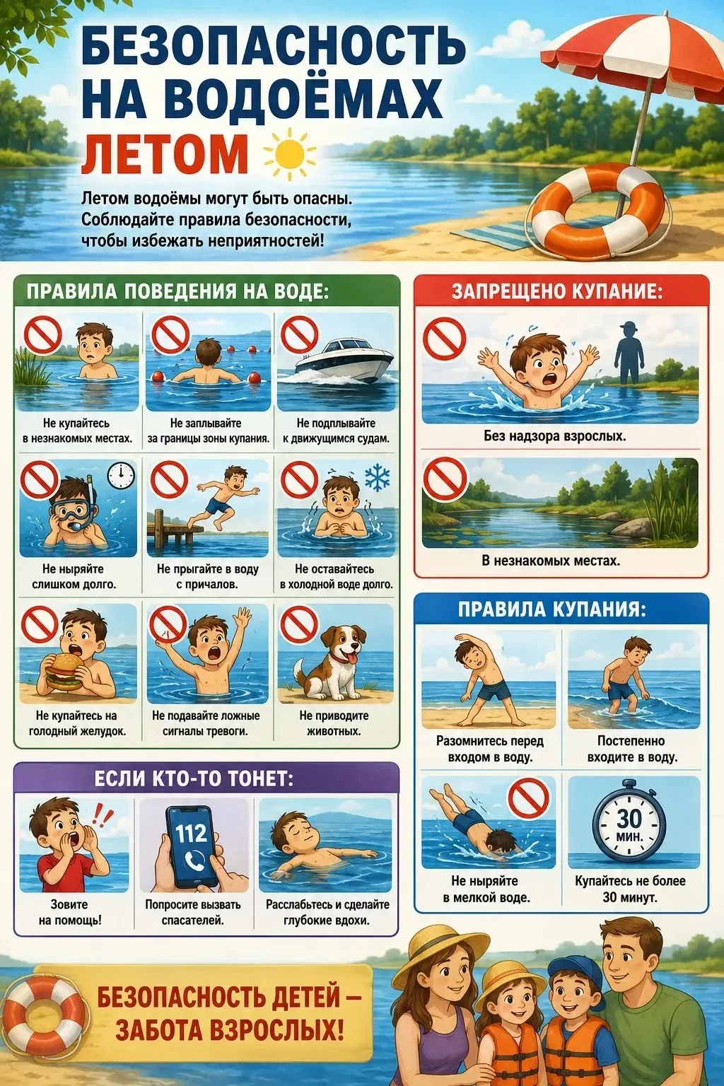 🌞 Безопасное лето начинается с тебя! 🌊

Отдых у воды — это радость, если соблюдать простые правила