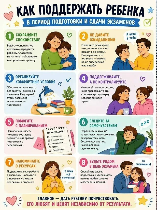 Как поддержать ребенка во время подготовки и сдачи экзаменов. Советы для родителей.