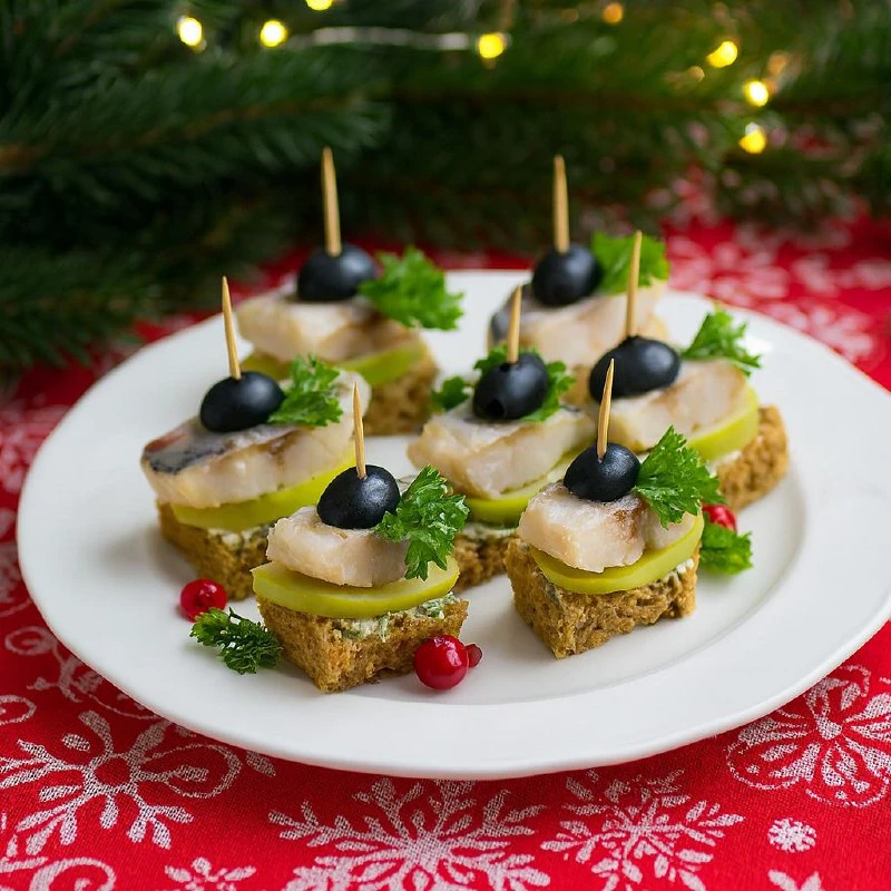 КАНАПЕ С СЕЛЁДКОЙ И ЧЁРНЫМ ХЛЕБОМ НА ШПАЖКАХ