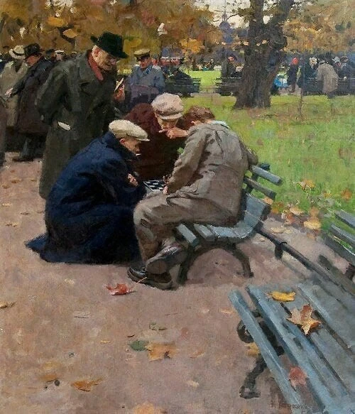 "Игра в шахматы в Михайловском саду", 1951 год. Художник — Хороший Эдуард Ильич.