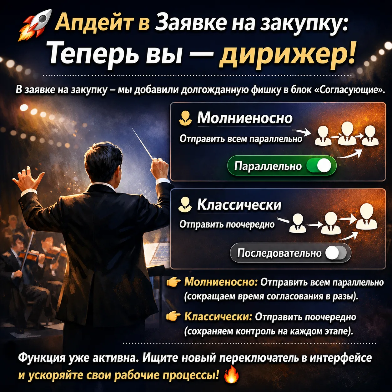 🚀 Апдейт в Заявке на закупку: Теперь вы — дирижер! 🪄

 Мы добавили долгожданную фишку в блок «Согл