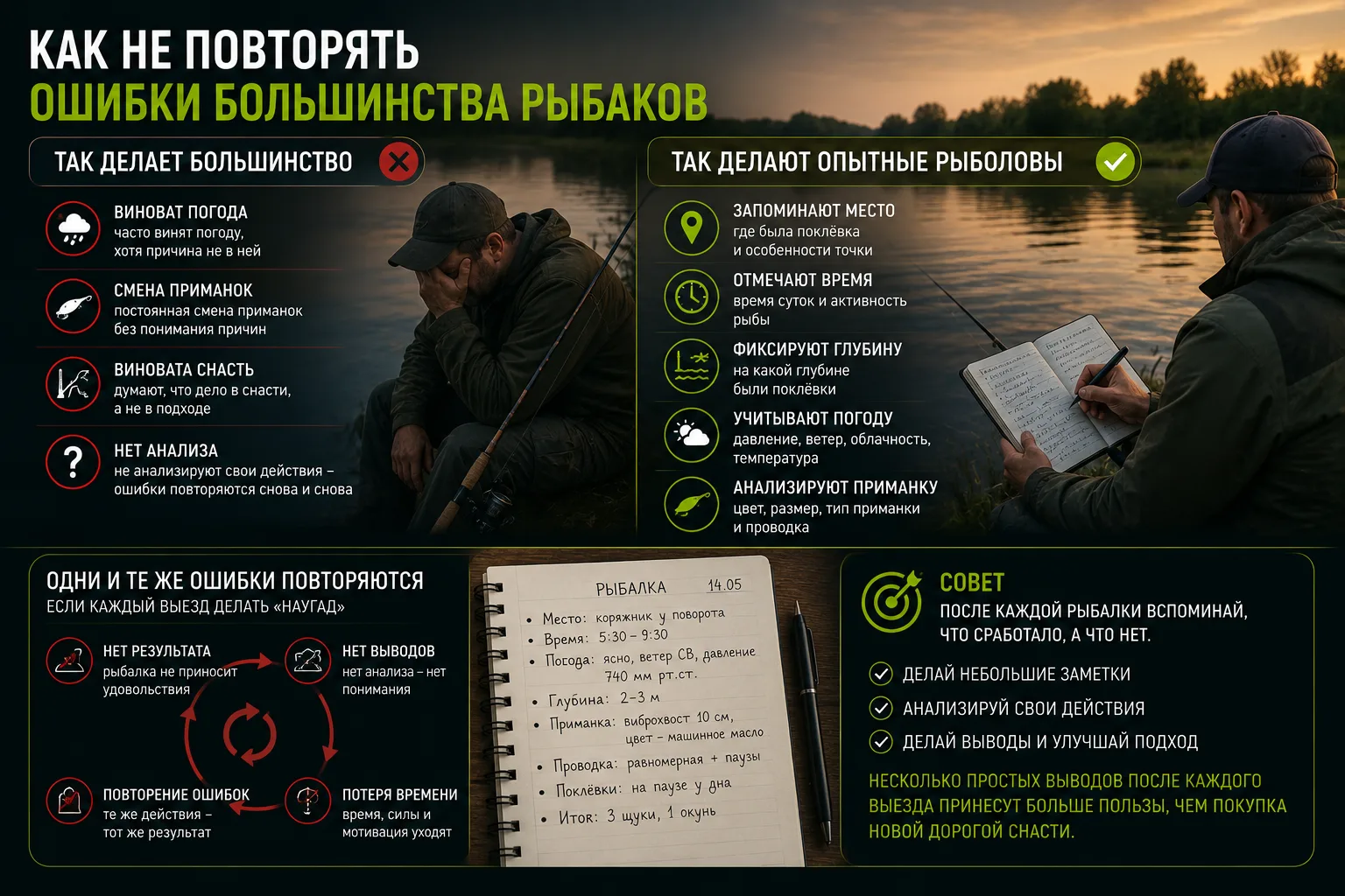🟢 Как не повторять ошибки большинства рыбаков

Многие после неудачной рыбалки винят приманку, снаст