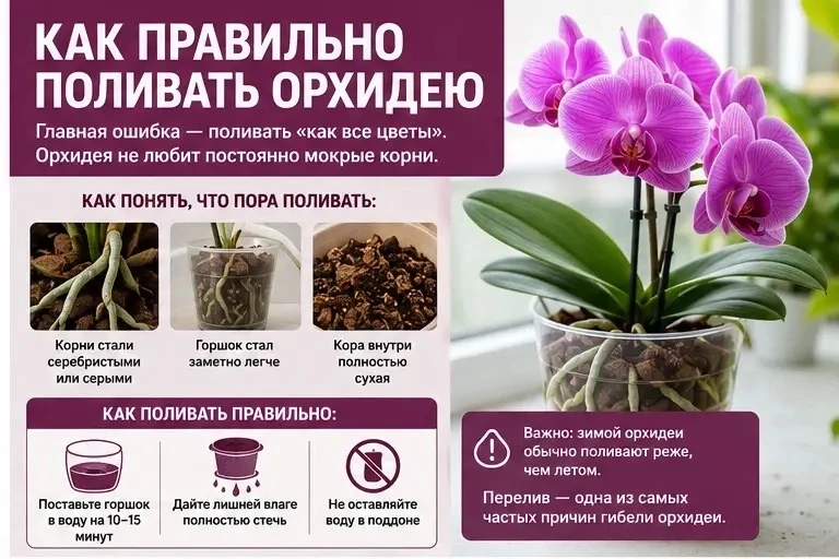 Как правильно поливать орхидею

Главная ошибка — поливать «как все цветы».

Орхидея не любит постоян