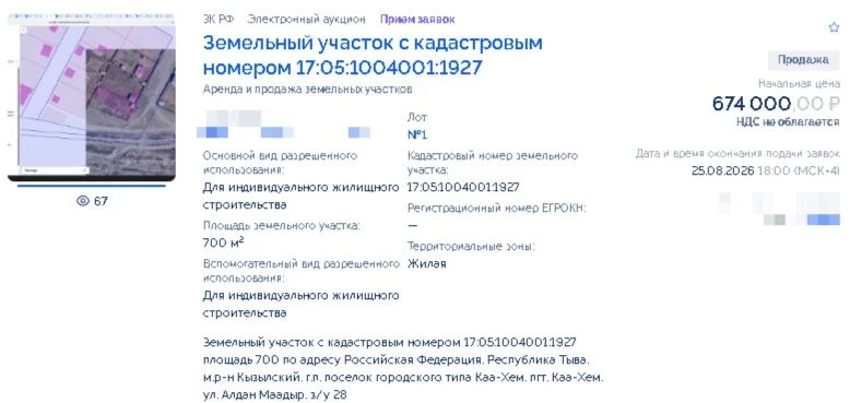 Аукцион земельного участка в Каа-Хеме,  в собственность. БизнесПрофи оказывает услуги п...