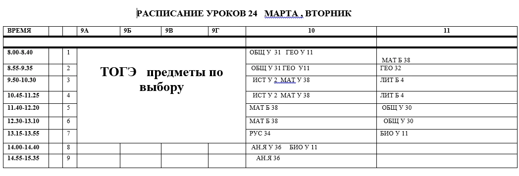 Расписание уроков на вторник 24.03