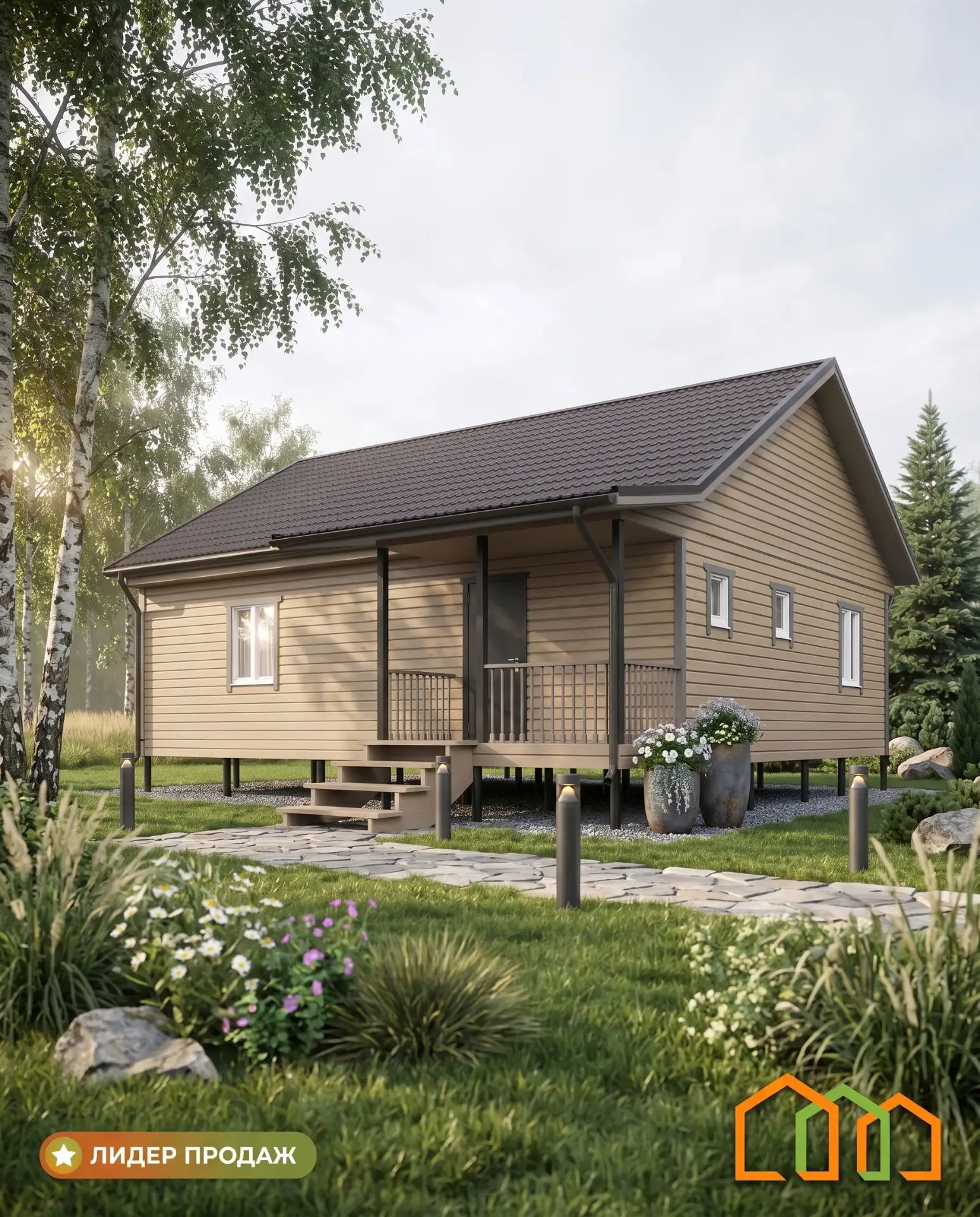Дом 10×8 с террасой 🏡Просторный одноэтажный дом из бруса — отличный вариант для дачи, загородного о