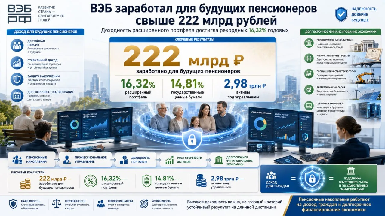 ВЭБ заработал для будущих российских пенсионеров свыше 222 млрд рублей на успешном инве...