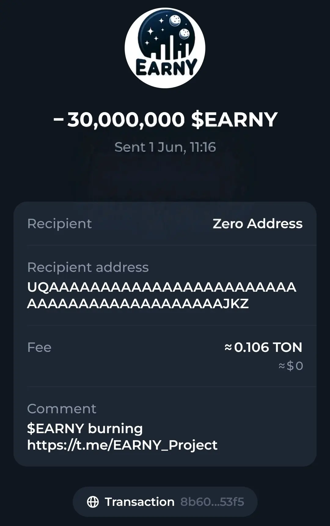 🔥 Провели очередное ежемесячное сжигание $EARNY