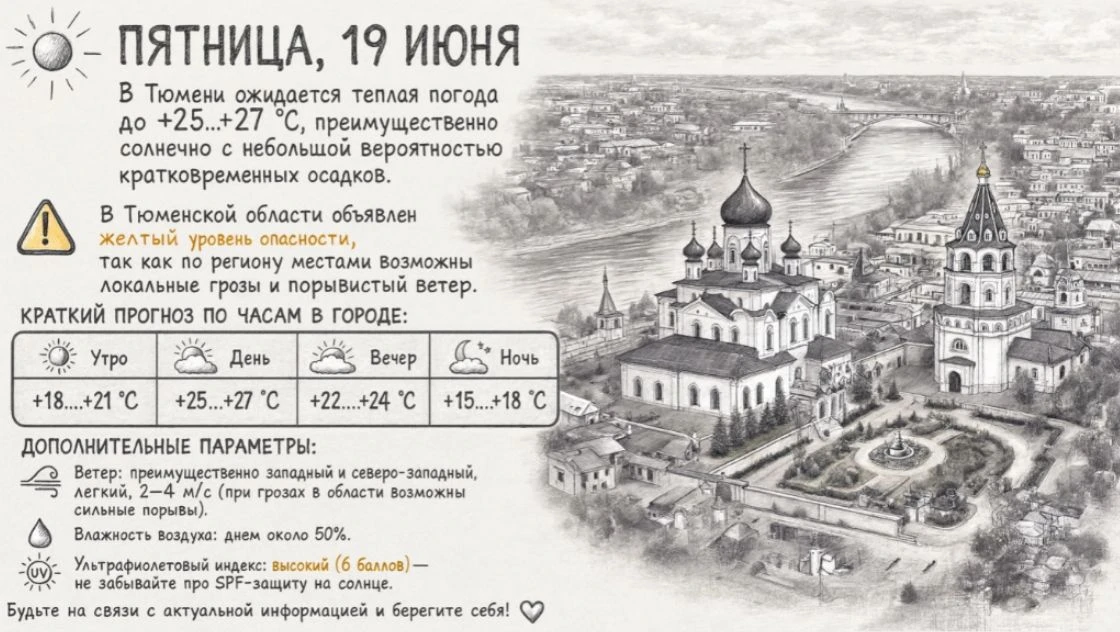 ☀️ В пятницу, 19 июня, в Тюмени ожидается теплая погода до +25...+27 °C, преимущественно солнечно с 