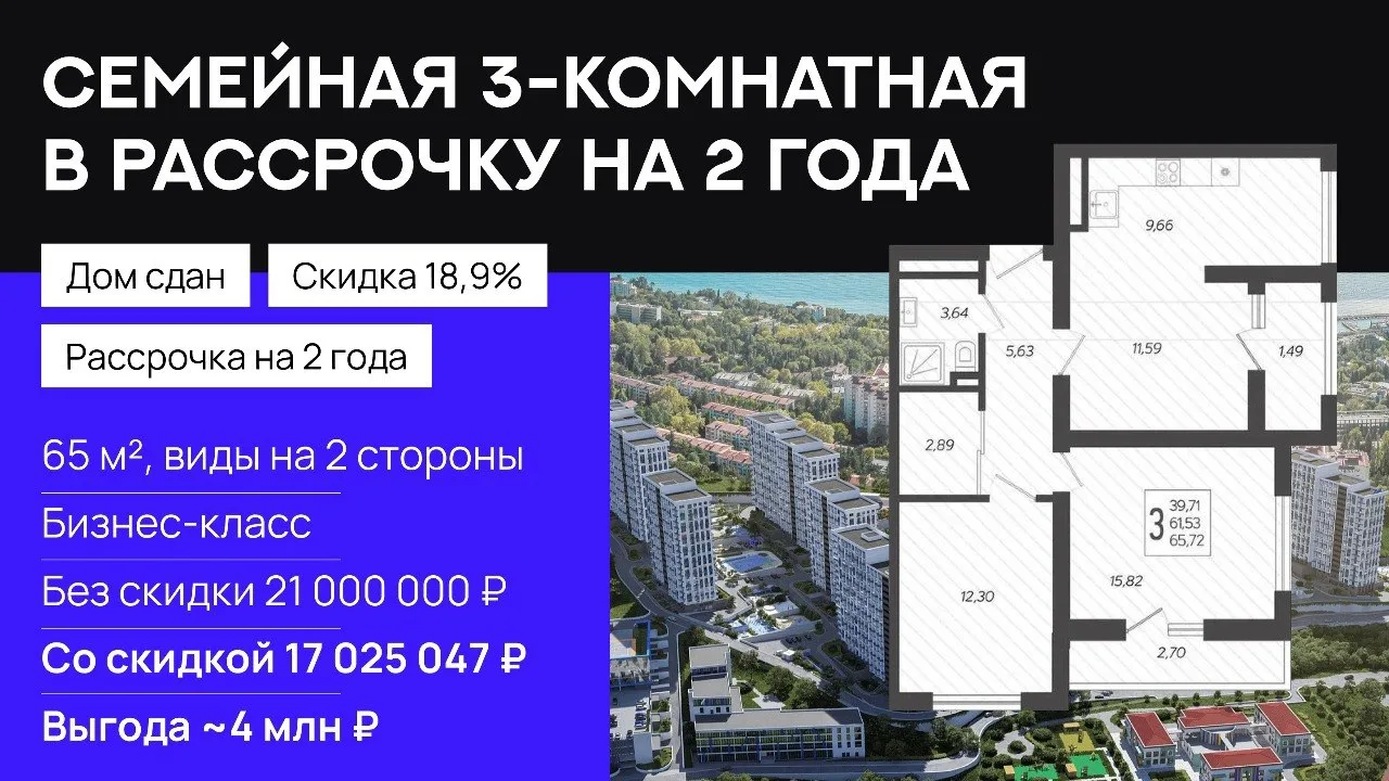 Скидка 4 млн на семейную квартиру в сданном доме бизнес-класса