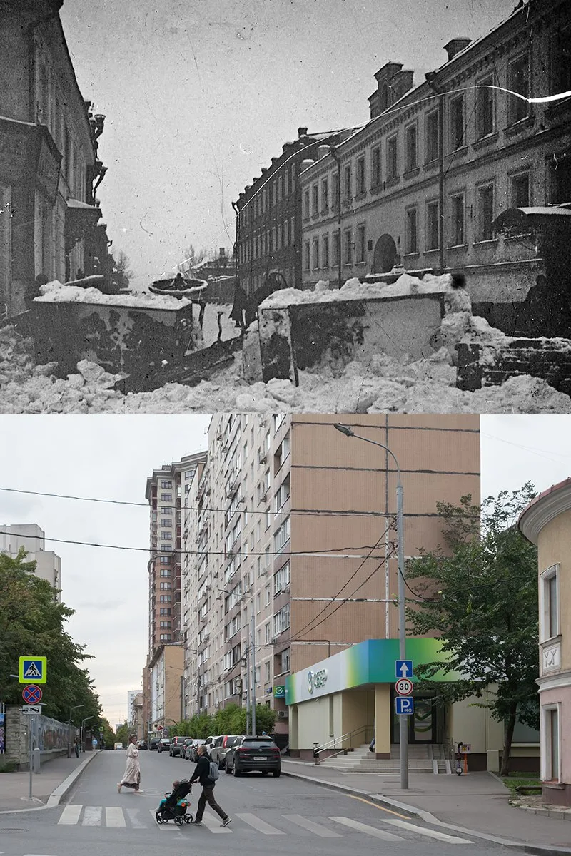 📍Большой Тишинский переулок.    1905/2025 год.  💡На переднем плане верхнего снимка видны баррикады. 