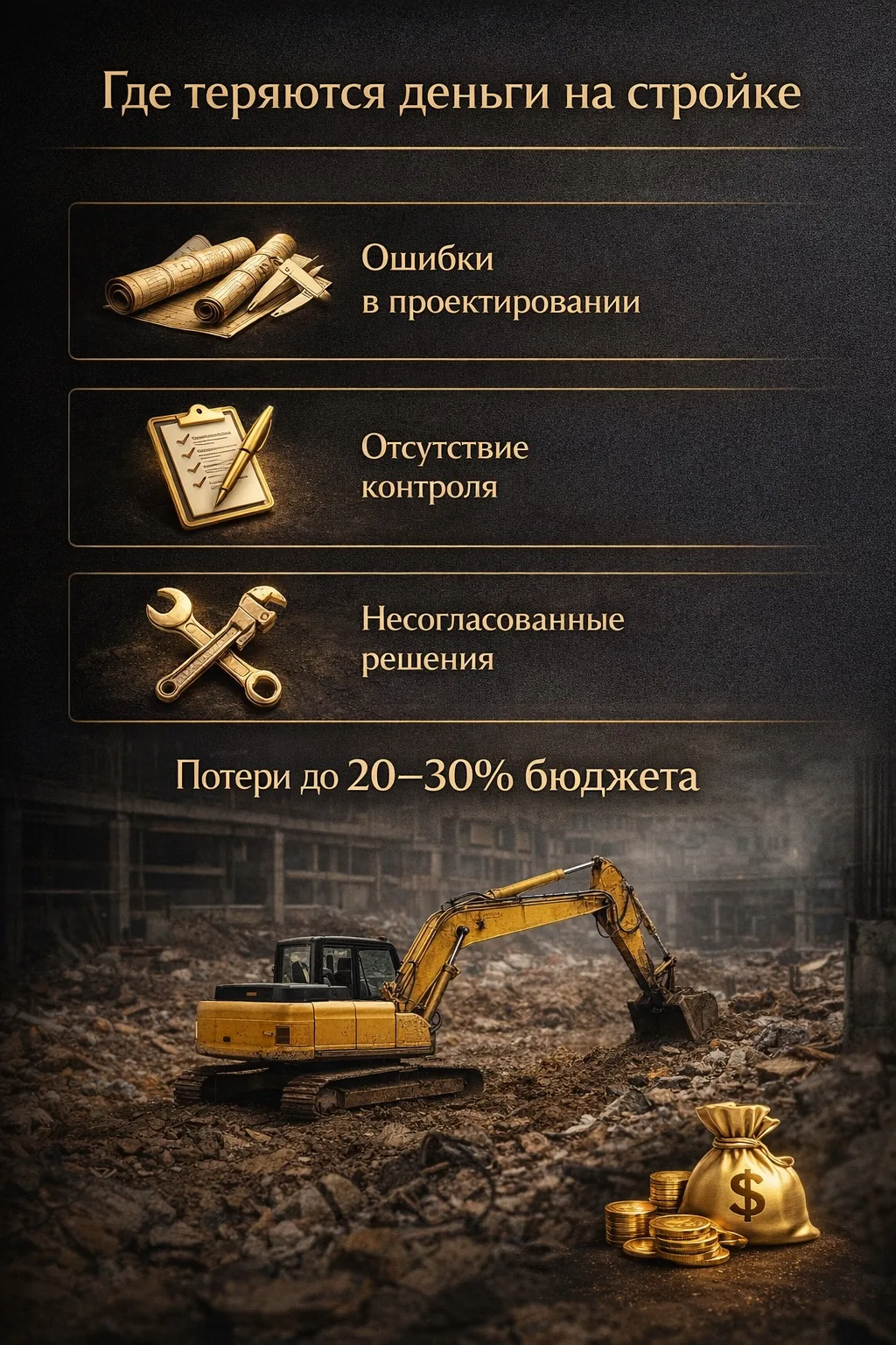 📊 Разбор: где теряют деньги на стройке  

Основные потери:  

1. ❌ ошибки в проектировании  
2. ❌ о