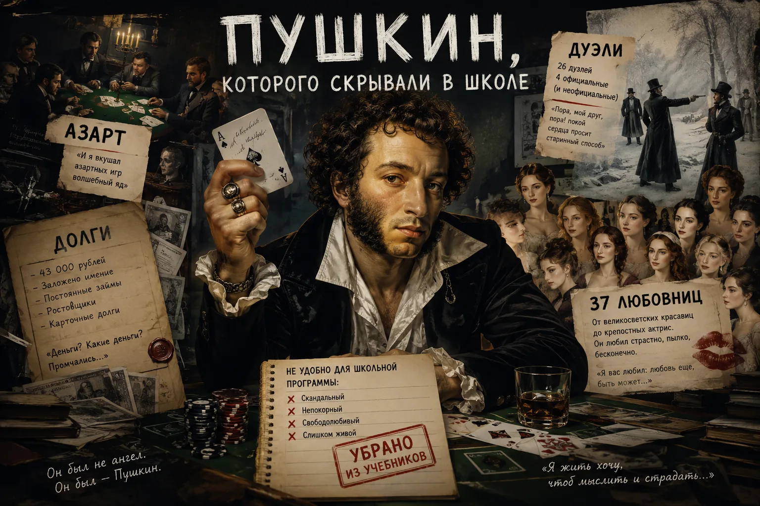 Пушкин, которого скрывали в школе: азарт, долги, дуэли и 37 любовниц