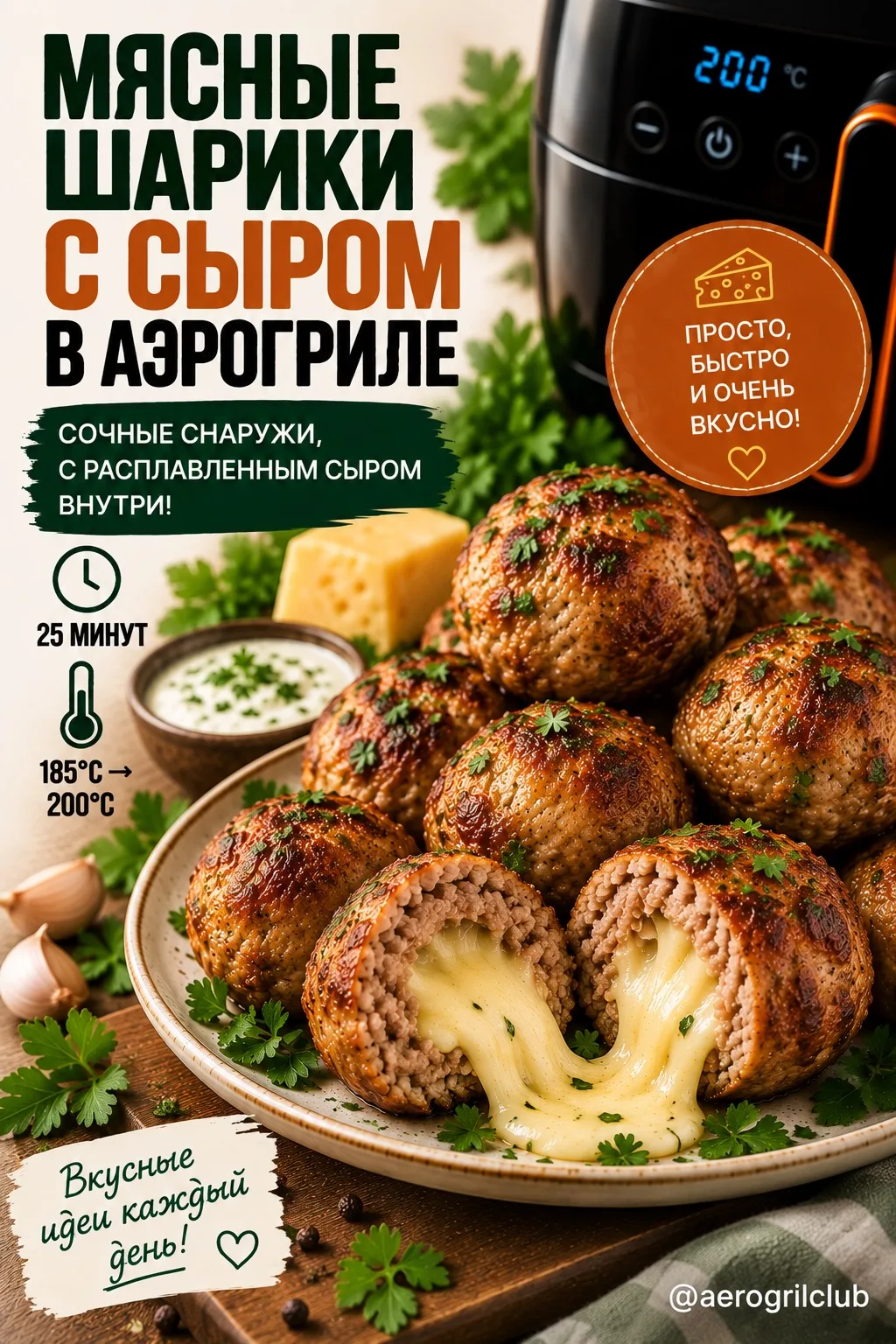 🧀 Мясные шарики с сырной начинкой в аэрогриле